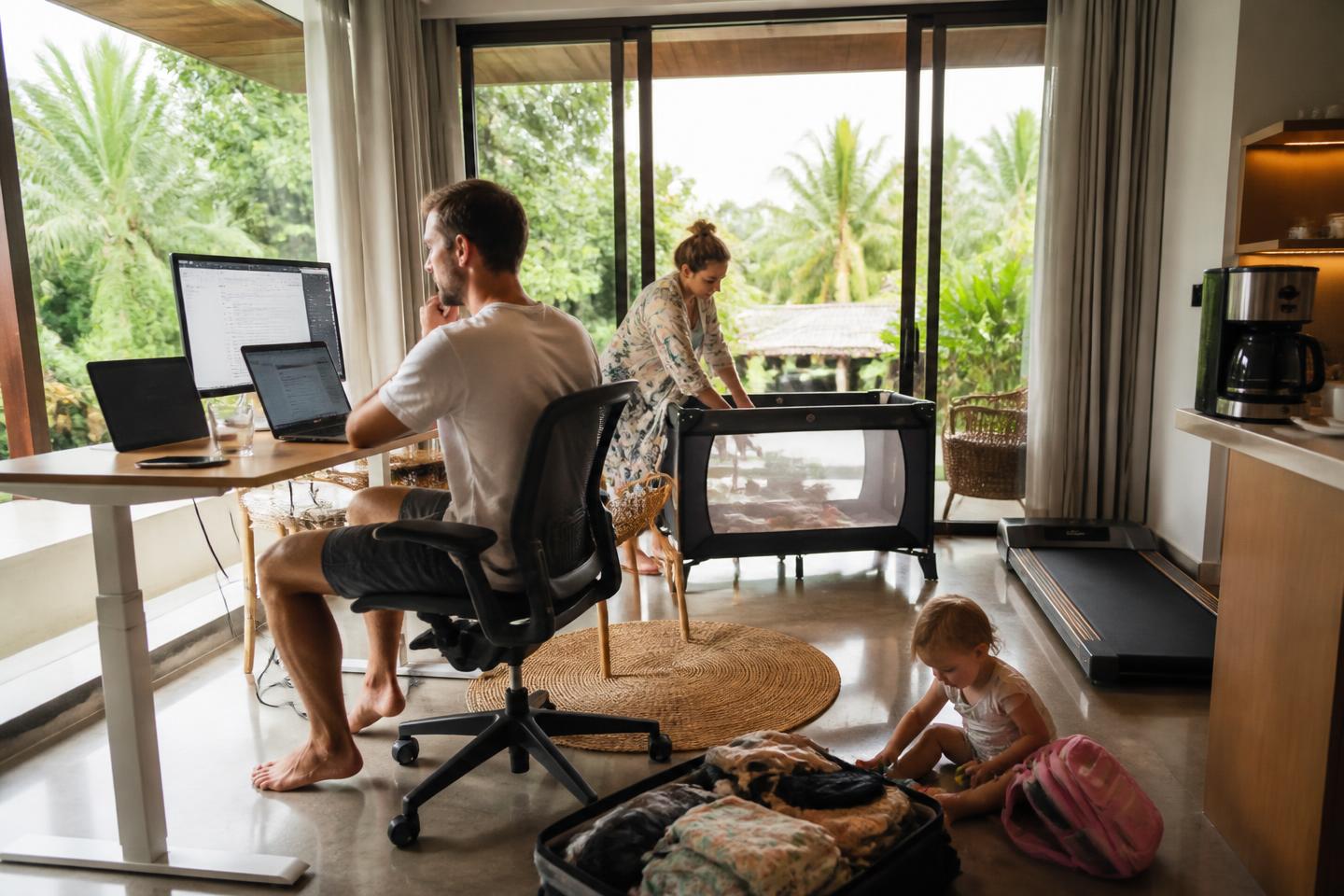 Family setting up a temporary home in Thailand with rental equipment